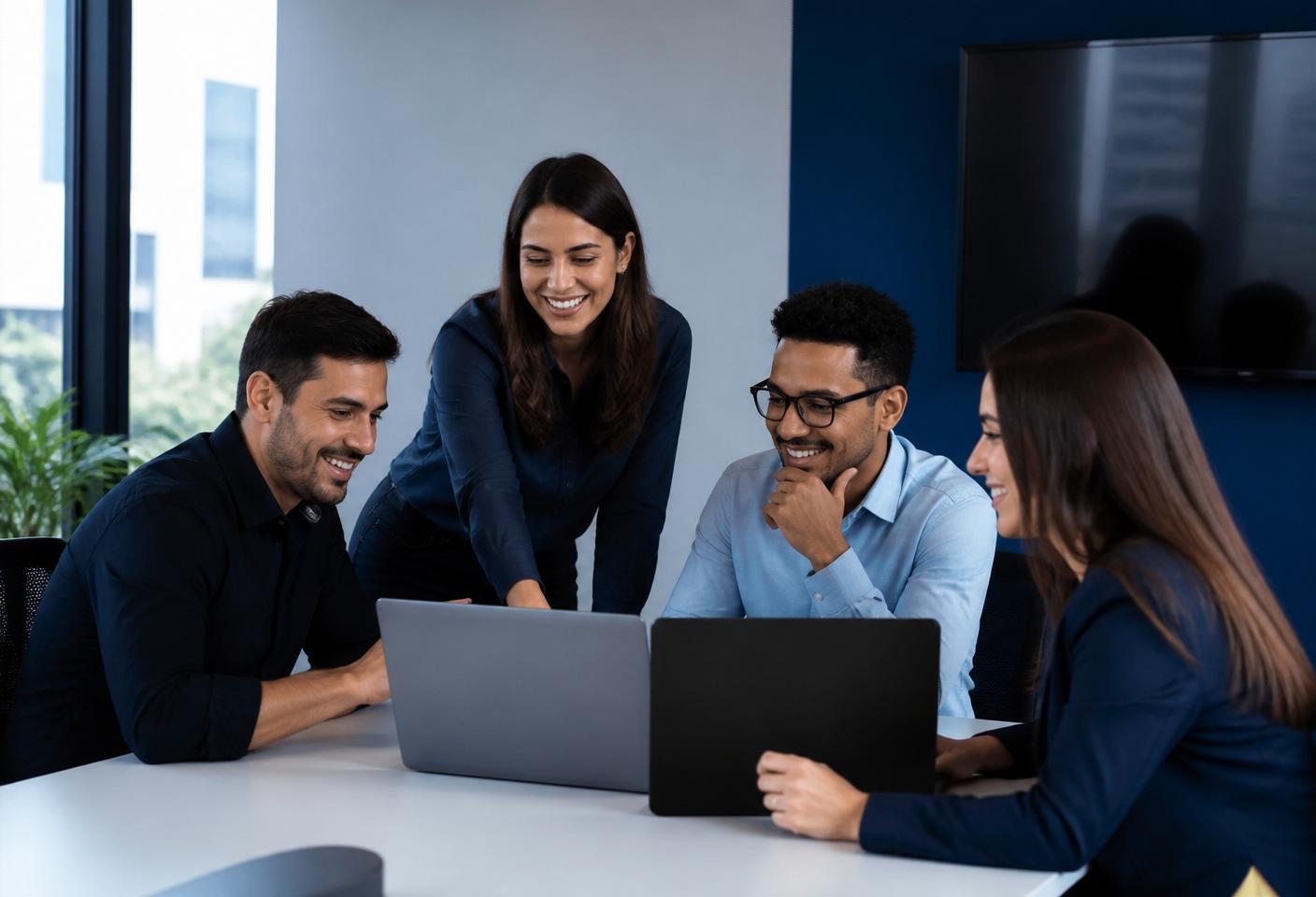 Equipe Simplestek reunida analisando um projeto em notebooks